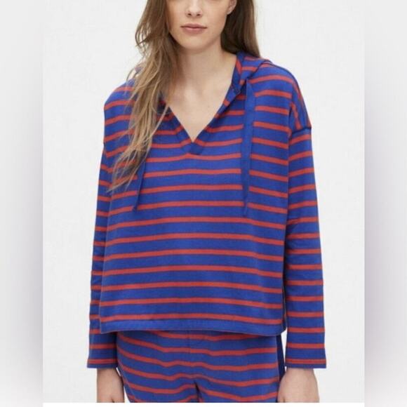 Gap Women’s Boxy Oversized Striped Long Sleeve V-Neck Hoodie Sz L Blue and Red - Picture 1 of 6